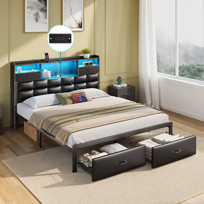 Greenstell Bed Frame with Drawers and Headboard, Upholstered Storage Bed with Charging Station and LED Lights