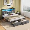Greenstell Bed Frame with Drawers and Headboard, Upholstered Storage Bed with Charging Station and LED Lights