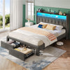 Greenstell Bed Frame with Storage Drawers, Upholstered Bed with LED Light and Linen Fabric Storage Headboard