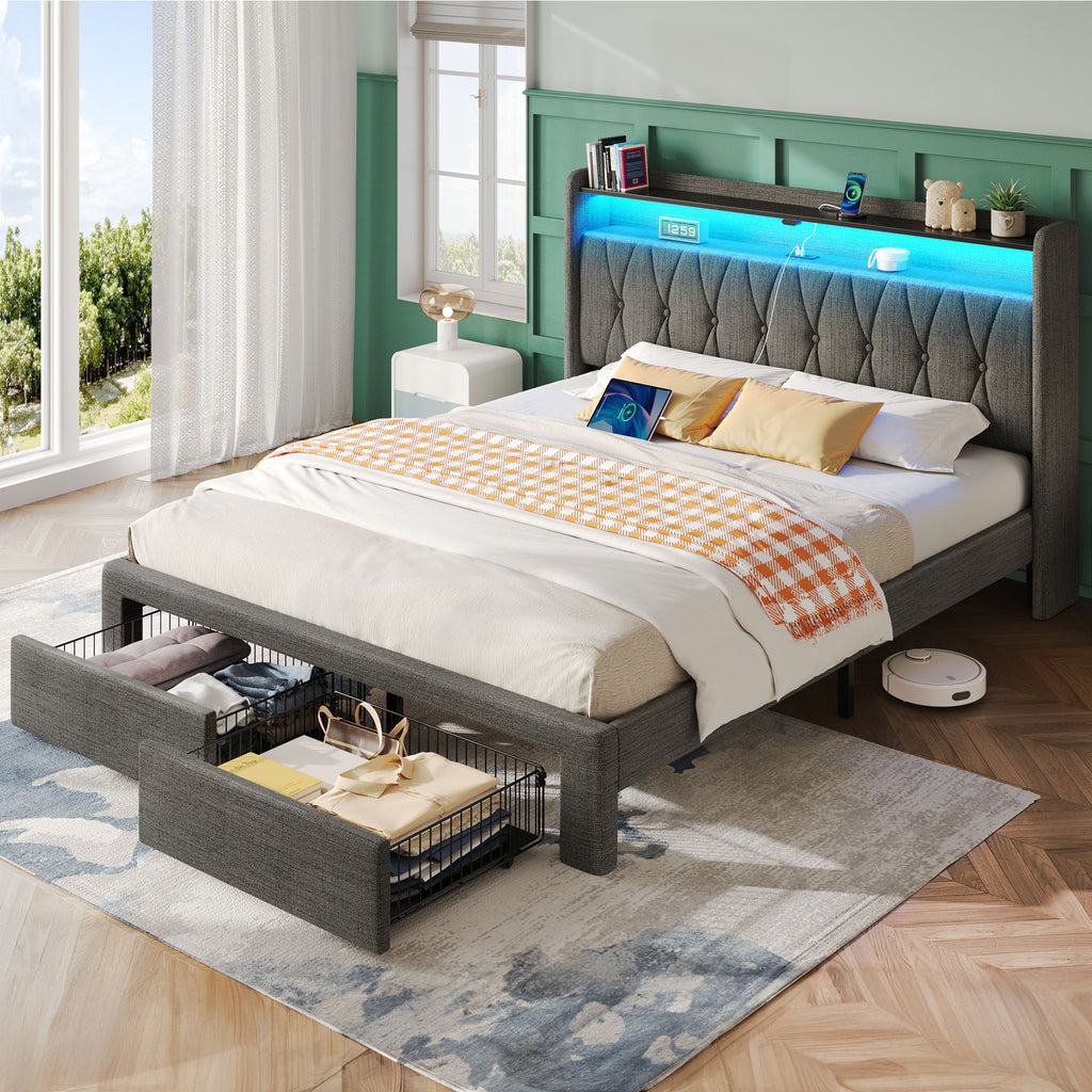 Greenstell Bed Frame with Storage Drawers, Upholstered Bed with LED Light and Linen Fabric Storage Headboard
