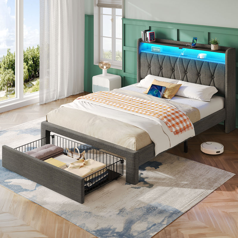 Greenstell Bed Frame with Storage Drawers, Upholstered Bed with LED Light and Linen Fabric Storage Headboard