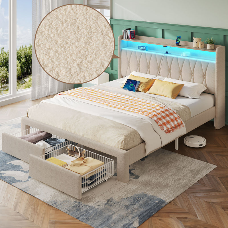 Greenstell Bed Frame with Storage Drawers, Upholstered Bed with LED Light and Linen Fabric Storage Headboard
