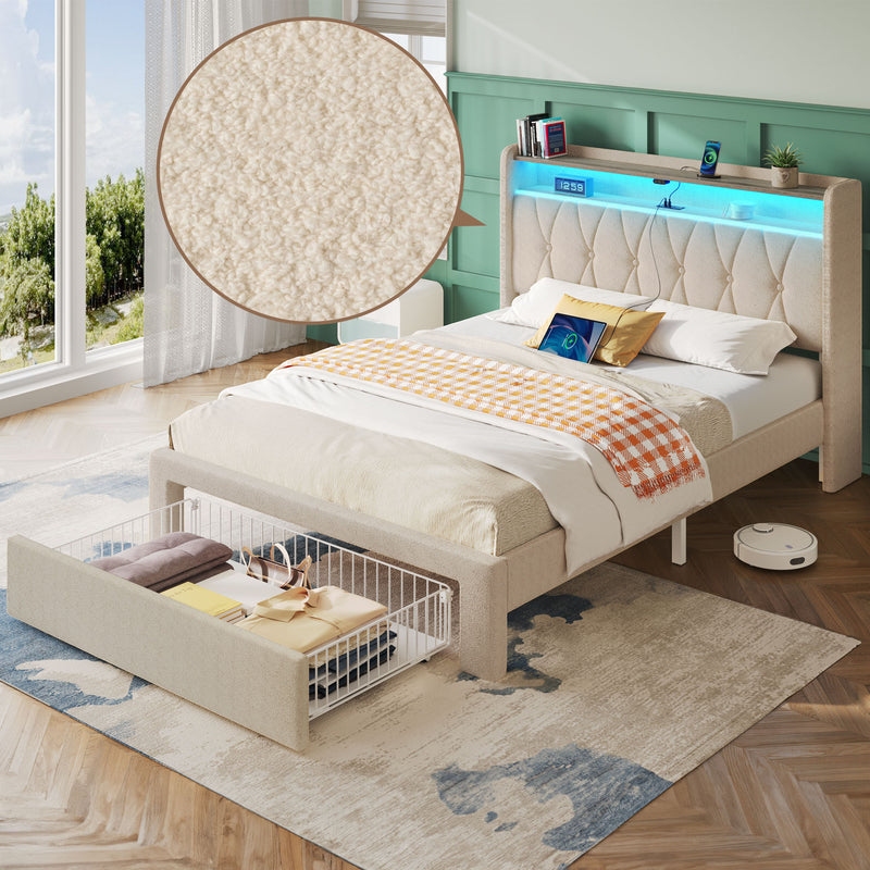 Greenstell Bed Frame with Storage Drawers, Upholstered Bed with LED Light and Linen Fabric Storage Headboard