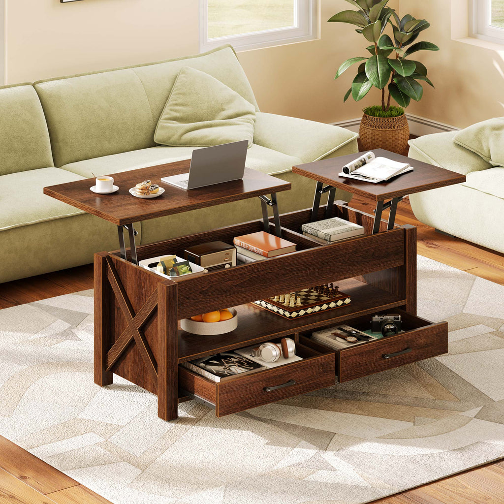 Greenstell Lift-Top Storage Coffee Table - Modern Style with 2 Drawers, Hidden Compartment & Wooden Lift Tabletop