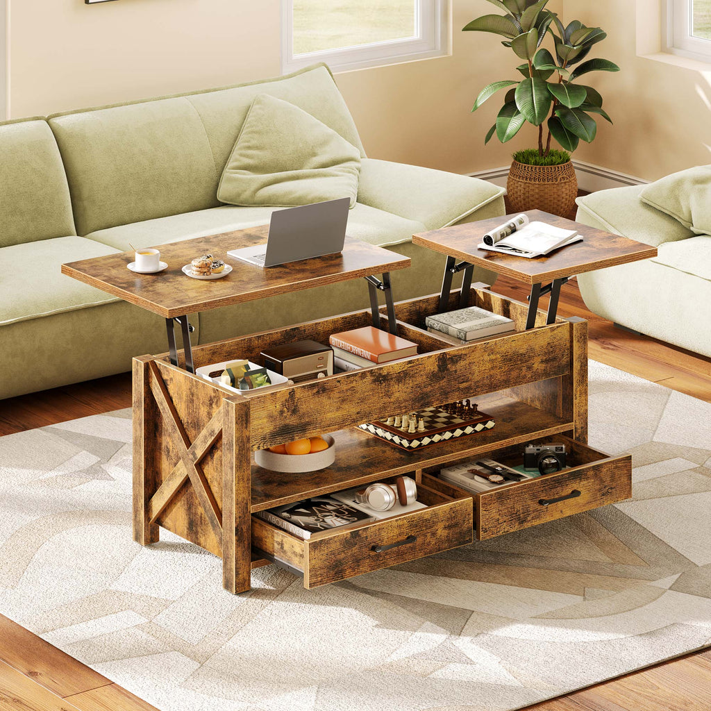 Greenstell Lift-Top Storage Coffee Table - Modern Style with 2 Drawers, Hidden Compartment & Wooden Lift Tabletop