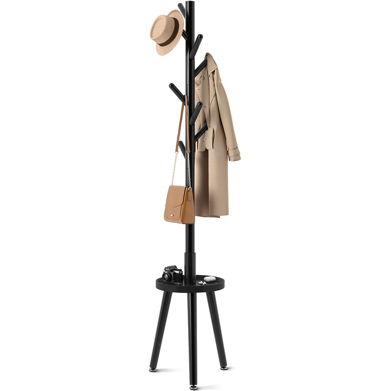 GREENSTELL Coat Rack with 8 Hooks, Wooden Coat Rack Freestanding with Shelf, Coat Tree with 4 Height Options 50.5"-72.6", Coat Hanger Stand for Bags, Clothes, Umbrellas, Hats, in Home, Black
