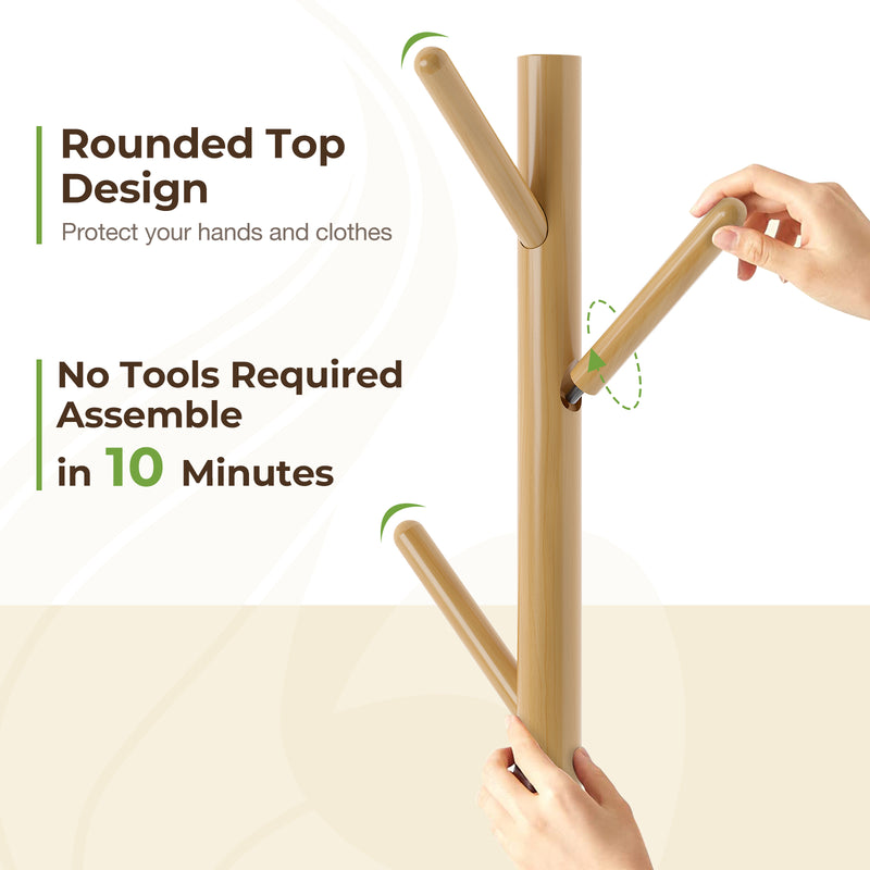 GREENSTELL Coat Rack with 8 Hooks, Wooden Coat Rack Freestanding with Shelf, Coat Tree with 4 Height Options 50.5"-72.6", Coat Hanger Stand for Bags, Clothes, Umbrellas, Hats, in Home, Natural