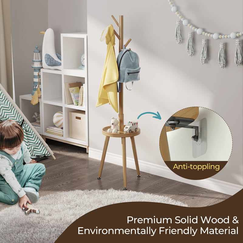GREENSTELL Coat Rack with 8 Hooks, Wooden Coat Rack Freestanding with Shelf, Coat Tree with 4 Height Options 50.5"-72.6", Coat Hanger Stand for Bags, Clothes, Umbrellas, Hats, in Home, Natural