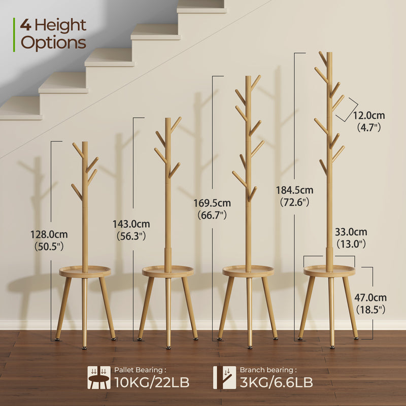 GREENSTELL Coat Rack with 8 Hooks, Wooden Coat Rack Freestanding with Shelf, Coat Tree with 4 Height Options 50.5"-72.6", Coat Hanger Stand for Bags, Clothes, Umbrellas, Hats, in Home, Natural