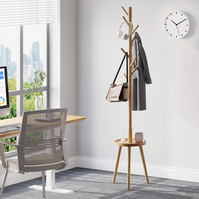 GREENSTELL Coat Rack with 8 Hooks, Wooden Coat Rack Freestanding with Shelf, Coat Tree with 4 Height Options 50.5"-72.6", Coat Hanger Stand for Bags, Clothes, Umbrellas, Hats, in Home, Natural