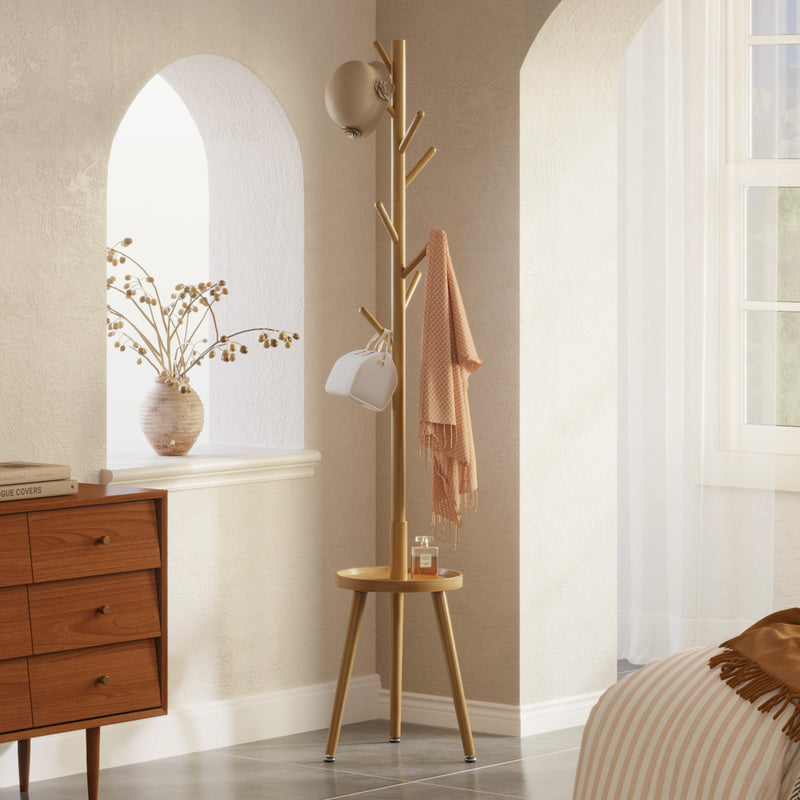 GREENSTELL Coat Rack with 8 Hooks, Wooden Coat Rack Freestanding with Shelf, Coat Tree with 4 Height Options 50.5"-72.6", Coat Hanger Stand for Bags, Clothes, Umbrellas, Hats, in Home, Natural