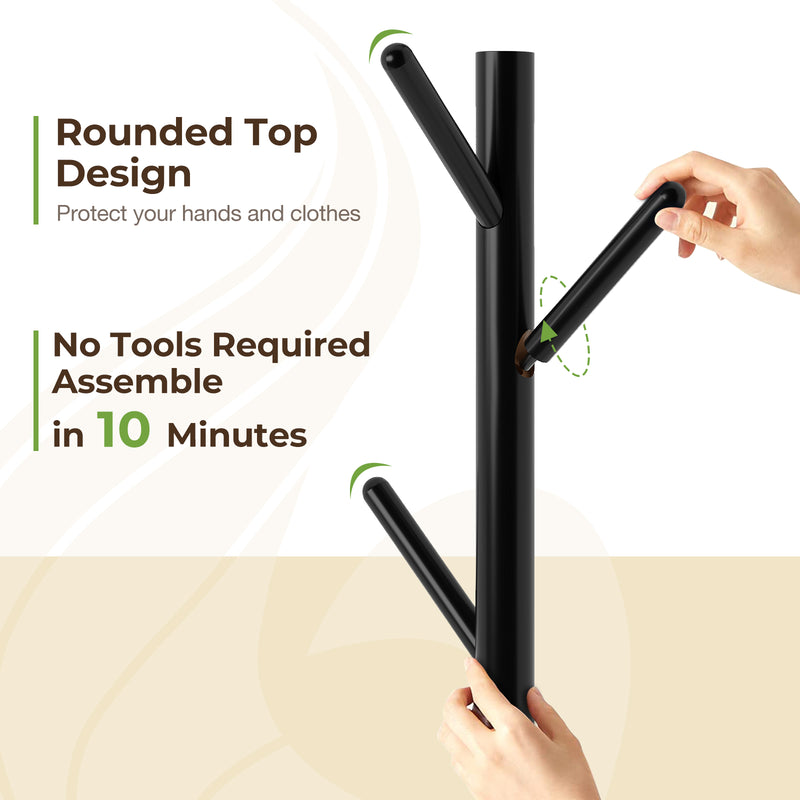 GREENSTELL Coat Rack with 8 Hooks, Wooden Coat Rack Freestanding with Shelf, Coat Tree with 4 Height Options 50.5"-72.6", Coat Hanger Stand for Bags, Clothes, Umbrellas, Hats, in Home, Black