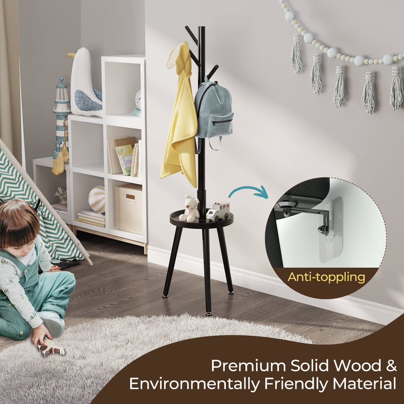 GREENSTELL Coat Rack with 8 Hooks, Wooden Coat Rack Freestanding with Shelf, Coat Tree with 4 Height Options 50.5"-72.6", Coat Hanger Stand for Bags, Clothes, Umbrellas, Hats, in Home, Black