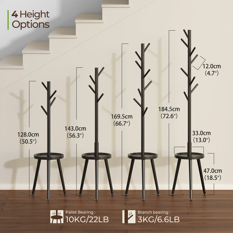 GREENSTELL Coat Rack with 8 Hooks, Wooden Coat Rack Freestanding with Shelf, Coat Tree with 4 Height Options 50.5"-72.6", Coat Hanger Stand for Bags, Clothes, Umbrellas, Hats, in Home, Black