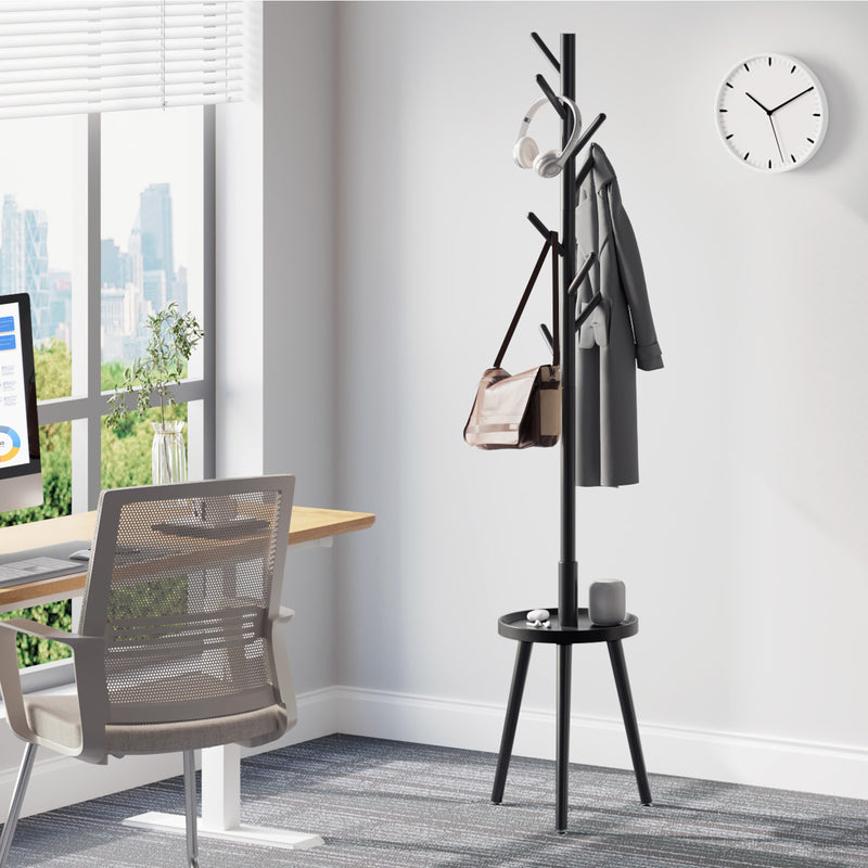 GREENSTELL Coat Rack with 8 Hooks, Wooden Coat Rack Freestanding with Shelf, Coat Tree with 4 Height Options 50.5"-72.6", Coat Hanger Stand for Bags, Clothes, Umbrellas, Hats, in Home, Black