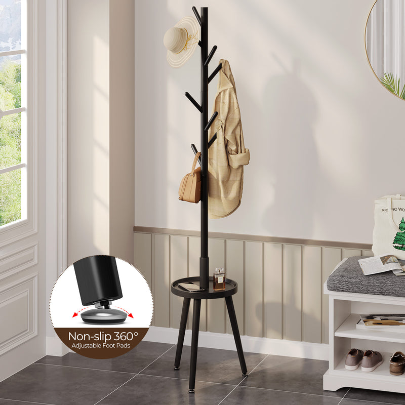 GREENSTELL Coat Rack with 8 Hooks, Wooden Coat Rack Freestanding with Shelf, Coat Tree with 4 Height Options 50.5"-72.6", Coat Hanger Stand for Bags, Clothes, Umbrellas, Hats, in Home, Black