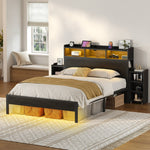 Greenstell Bed Frame with Storage Cabinet and Headboard, Wood Bed with LED Light, Bedframe with Charging Station