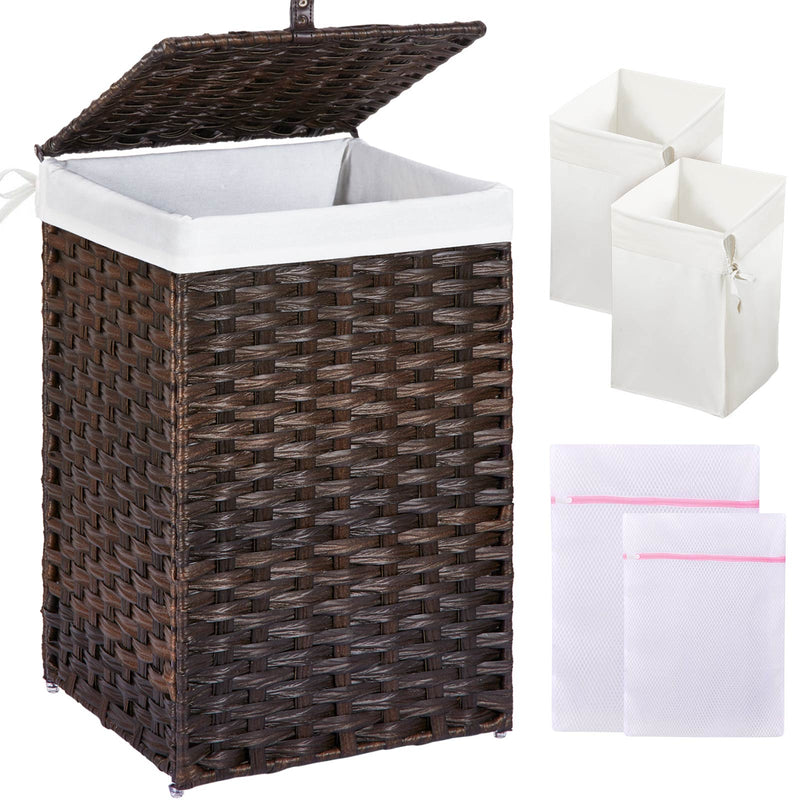 GREENSTELL Laundry Hamper with Lid, 60L/90L/125L Clothes Hamper with 2 Removable Liner Bags & 2 Mesh Laundry Bags, Handwoven Synthetic Rattan Laundry Basket for Clothes, Toys in Bathroom, Bedroom