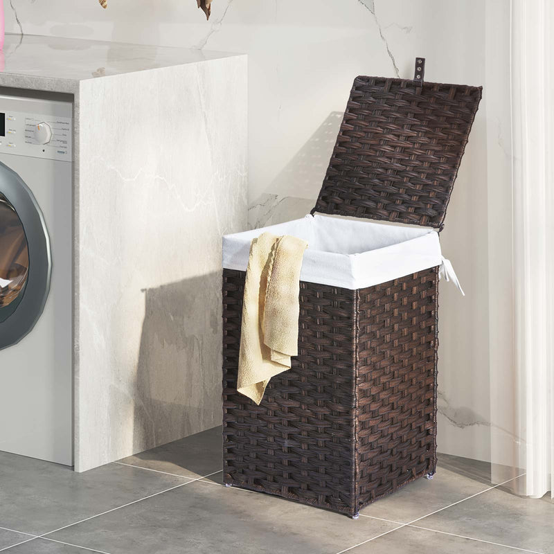 Greenstell Laundry Hamper with Lid, 90L Clothes Hamper with 2 Removable Liner Bags & 2 Mesh Laundry Bags, Handwoven Synthetic Rattan Laundry Basket for Clothes, Toys in Bathroom, Bedroom Brown