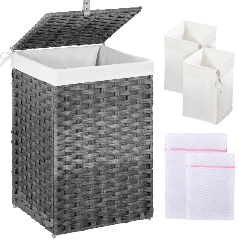 GREENSTELL Laundry Hamper with Lid, 60L/90L/125L Clothes Hamper with 2 Removable Liner Bags & 2 Mesh Laundry Bags, Handwoven Synthetic Rattan Laundry Basket for Clothes, Toys in Bathroom, Bedroom