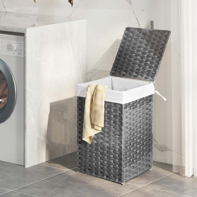Greenstell Laundry Hamper with Lid, 60L Clothes Hamper with 2 Removable Liner Bags & 2 Mesh Laundry Bags, Handwoven Synthetic Rattan Laundry Basket for Clothes, Toys in Bathroom, Bedroom Grey