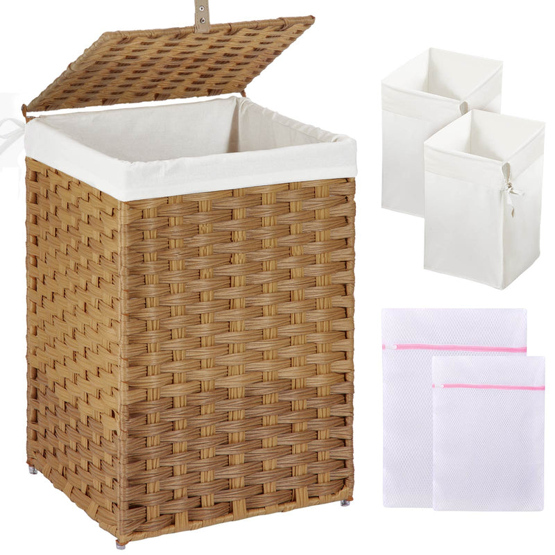GREENSTELL Laundry Hamper with Lid, 60L/90L/125L Clothes Hamper with 2 Removable Liner Bags & 2 Mesh Laundry Bags, Handwoven Synthetic Rattan Laundry Basket for Clothes, Toys in Bathroom, Bedroom