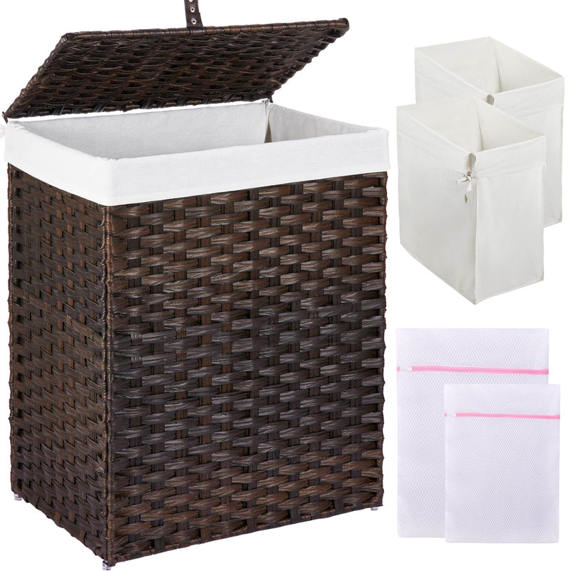 GREENSTELL Laundry Hamper with Lid, 60L/90L/125L Clothes Hamper with 2 Removable Liner Bags & 2 Mesh Laundry Bags, Handwoven Synthetic Rattan Laundry Basket for Clothes, Toys in Bathroom, Bedroom