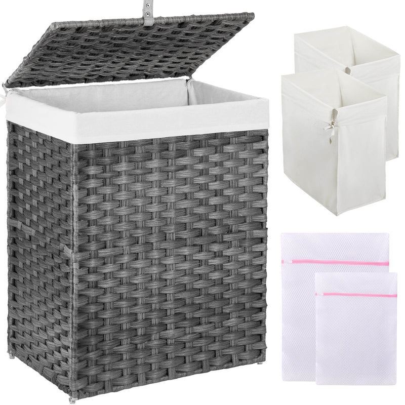 GREENSTELL Laundry Hamper with Lid, 60L/90L/125L Clothes Hamper with 2 Removable Liner Bags & 2 Mesh Laundry Bags, Handwoven Synthetic Rattan Laundry Basket for Clothes, Toys in Bathroom, Bedroom