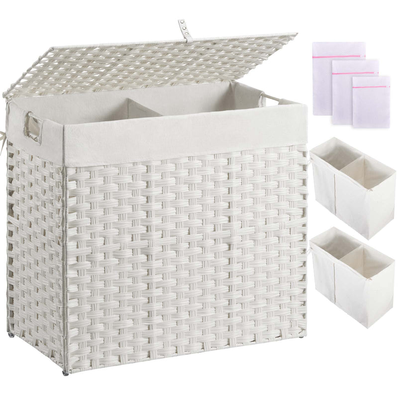 Greenstell Laundry Hamper with lid, No Install Needed, 90L/110L/130L Wicker Laundry Baskets Foldable 2 Removable Liner Bags, 2 Section Clothes Hamper Handwoven Rattan Laundry Basket with Handles
