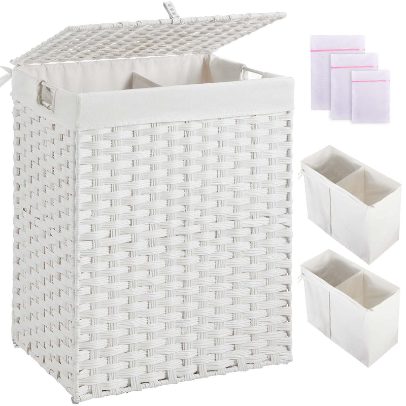 Greenstell Laundry Hamper with lid, No Install Needed, 90L/110L/130L Wicker Laundry Baskets Foldable 2 Removable Liner Bags, 2 Section Clothes Hamper Handwoven Rattan Laundry Basket with Handles