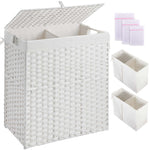 Greenstell Laundry Hamper with lid, No Install Needed, 90L/110L/130L Wicker Laundry Baskets Foldable 2 Removable Liner Bags, 2 Section Clothes Hamper Handwoven Rattan Laundry Basket with Handles