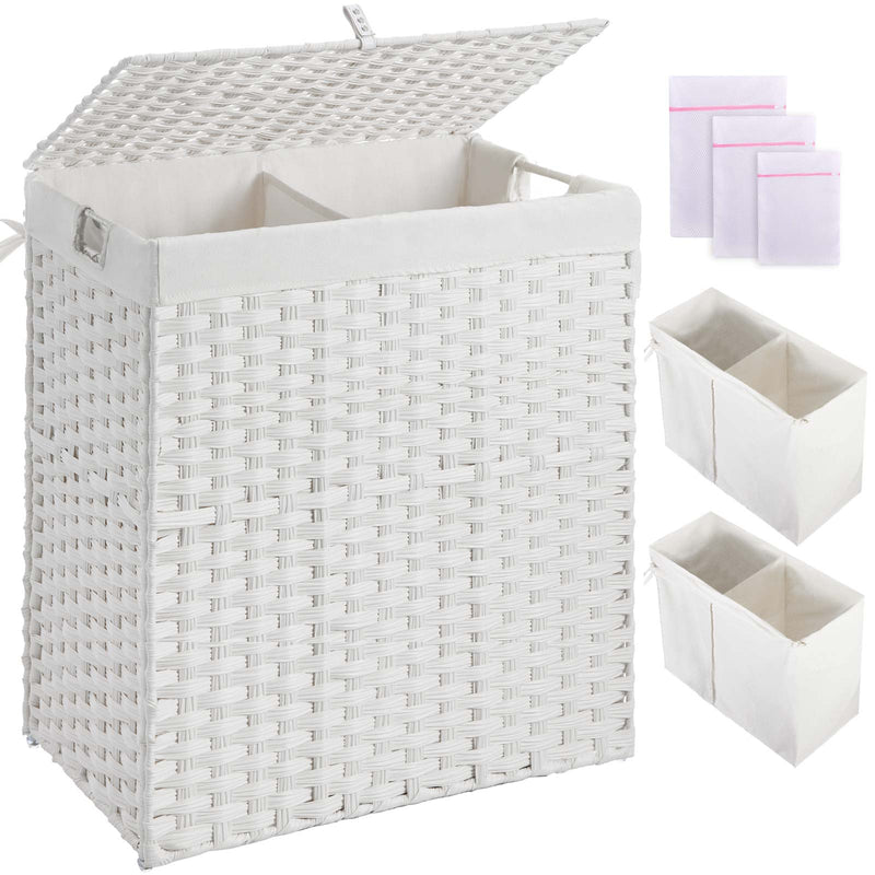Greenstell Laundry Hamper with lid, No Install Needed, 90L/110L/130L Wicker Laundry Baskets Foldable 2 Removable Liner Bags, 2 Section Clothes Hamper Handwoven Rattan Laundry Basket with Handles