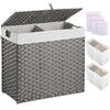 Greenstell Laundry Hamper with lid, No Install Needed, 90L/110L/130L Wicker Laundry Baskets Foldable 2 Removable Liner Bags, 2 Section Clothes Hamper Handwoven Rattan Laundry Basket with Handles