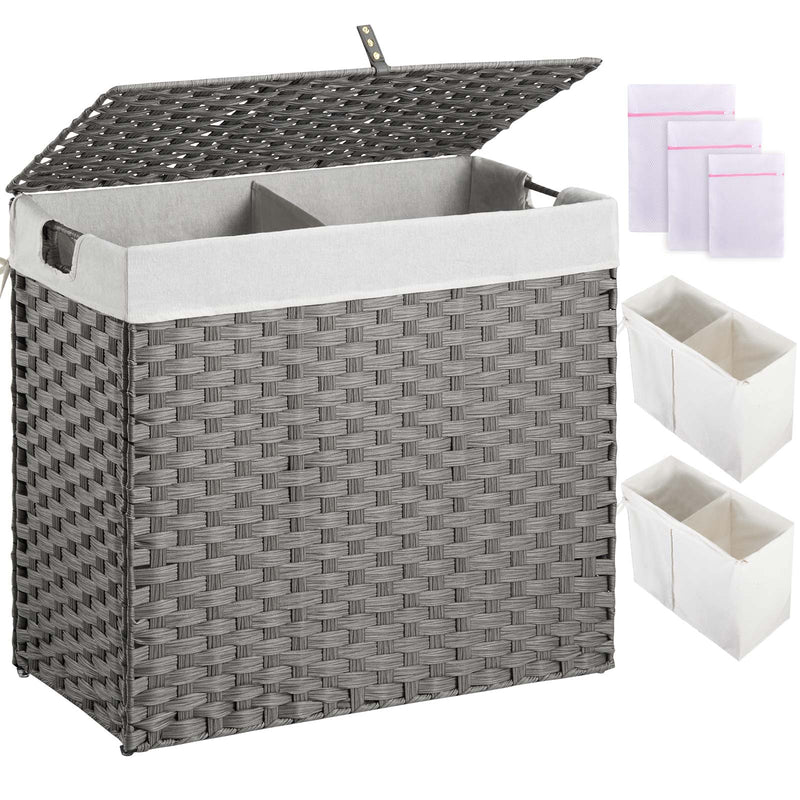 Greenstell Laundry Hamper with lid, No Install Needed, 90L/110L/130L Wicker Laundry Baskets Foldable 2 Removable Liner Bags, 2 Section Clothes Hamper Handwoven Rattan Laundry Basket with Handles