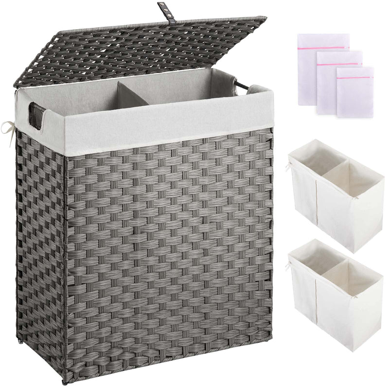 Greenstell Laundry Hamper with lid, No Install Needed, 90L/110L/130L Wicker Laundry Baskets Foldable 2 Removable Liner Bags, 2 Section Clothes Hamper Handwoven Rattan Laundry Basket with Handles