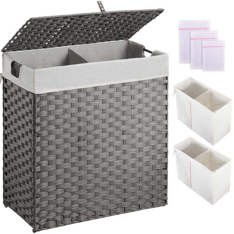 Greenstell Laundry Hamper with lid, No Install Needed, 90L/110L/130L Wicker Laundry Baskets Foldable 2 Removable Liner Bags, 2 Section Clothes Hamper Handwoven Rattan Laundry Basket with Handles