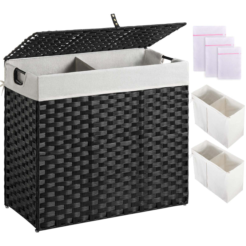 Greenstell Laundry Hamper with lid, No Install Needed, 90L/110L/130L Wicker Laundry Baskets Foldable 2 Removable Liner Bags, 2 Section Clothes Hamper Handwoven Rattan Laundry Basket with Handles