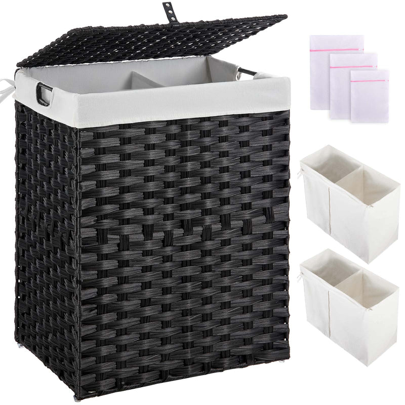 Greenstell Laundry Hamper with lid, No Install Needed, 90L/110L/130L Wicker Laundry Baskets Foldable 2 Removable Liner Bags, 2 Section Clothes Hamper Handwoven Rattan Laundry Basket with Handles