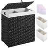 Greenstell Laundry Hamper with lid, No Install Needed, 90L/110L/130L Wicker Laundry Baskets Foldable 2 Removable Liner Bags, 2 Section Clothes Hamper Handwoven Rattan Laundry Basket with Handles