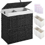 Greenstell Laundry Hamper with lid, No Install Needed, 90L/110L/130L Wicker Laundry Baskets Foldable 2 Removable Liner Bags, 2 Section Clothes Hamper Handwoven Rattan Laundry Basket with Handles