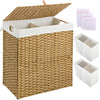 Greenstell Laundry Hamper with lid, No Install Needed, 90L/110L/130L Wicker Laundry Baskets Foldable 2 Removable Liner Bags, 2 Section Clothes Hamper Handwoven Rattan Laundry Basket with Handles
