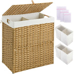 Greenstell Laundry Hamper with lid, No Install Needed, 90L/110L/130L Wicker Laundry Baskets Foldable 2 Removable Liner Bags, 2 Section Clothes Hamper Handwoven Rattan Laundry Basket with Handles