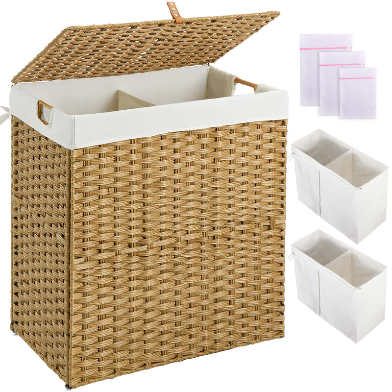 Greenstell Laundry Hamper with lid, No Install Needed, 90L/110L/130L Wicker Laundry Baskets Foldable 2 Removable Liner Bags, 2 Section Clothes Hamper Handwoven Rattan Laundry Basket with Handles