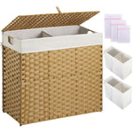 Greenstell Laundry Hamper with lid, No Install Needed, 90L/110L/130L Wicker Laundry Baskets Foldable 2 Removable Liner Bags, 2 Section Clothes Hamper Handwoven Rattan Laundry Basket with Handles