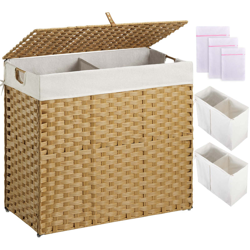 Greenstell Laundry Hamper with lid, No Install Needed, 90L/110L/130L Wicker Laundry Baskets Foldable 2 Removable Liner Bags, 2 Section Clothes Hamper Handwoven Rattan Laundry Basket with Handles