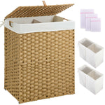 Greenstell Laundry Hamper with lid, No Install Needed, 90L/110L/130L Wicker Laundry Baskets Foldable 2 Removable Liner Bags, 2 Section Clothes Hamper Handwoven Rattan Laundry Basket with Handles