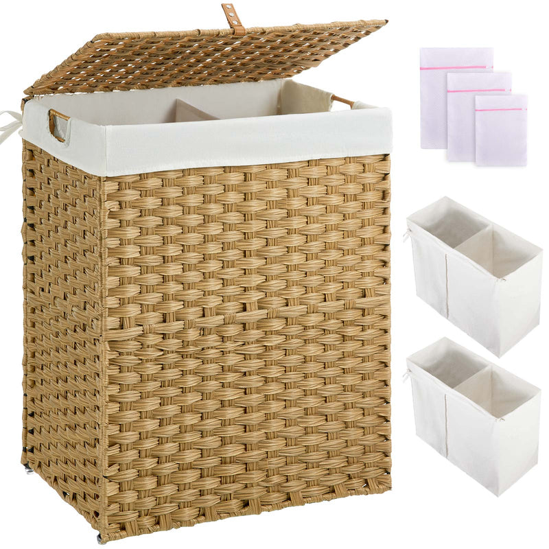 Greenstell Laundry Hamper with lid, No Install Needed, 90L/110L/130L Wicker Laundry Baskets Foldable 2 Removable Liner Bags, 2 Section Clothes Hamper Handwoven Rattan Laundry Basket with Handles