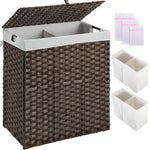 Greenstell Laundry Hamper with lid, No Install Needed, 90L/110L/130L Wicker Laundry Baskets Foldable 2 Removable Liner Bags, 2 Section Clothes Hamper Handwoven Rattan Laundry Basket with Handles