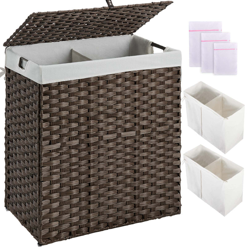 Greenstell Laundry Hamper with lid, No Install Needed, 90L/110L/130L Wicker Laundry Baskets Foldable 2 Removable Liner Bags, 2 Section Clothes Hamper Handwoven Rattan Laundry Basket with Handles