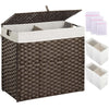 Greenstell Laundry Hamper with lid, No Install Needed, 90L/110L/130L Wicker Laundry Baskets Foldable 2 Removable Liner Bags, 2 Section Clothes Hamper Handwoven Rattan Laundry Basket with Handles